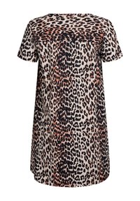 Sukienka w panterkę z krótkim rękawem, z beżowym tłem, czarnymi plamami i brązowymi akcentami. Luźny krój i okrągły dekolt.