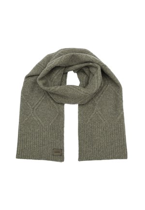 Soft gray knit scarf with subtle diamond patterns and ribbed ends, folded neatly with a small rectangular brand label on one end.