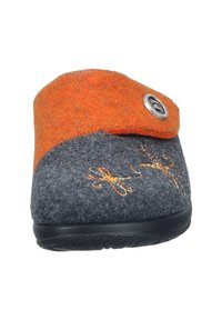 Gray and orange felt slipper with floral embroidery, rounded shape, and black rubber sole, featuring a metal button accent.