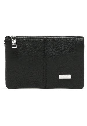 Black leather wallet with a textured finish, rectangular shape, and silver zipper. Features a small silver logo on the front.