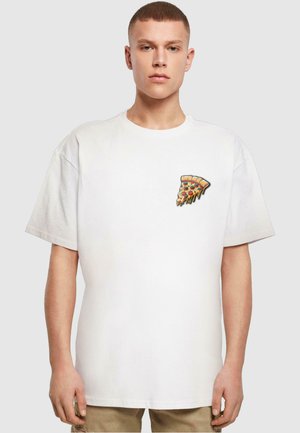 White cotton t-shirt with short sleeves, featuring a colorful pizza slice graphic on the left chest area. Regular fit, minimal texture.