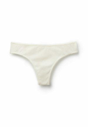 Cream-colored ribbed fabric women's bikini-style underwear with delicate scalloped trim along the edges.
