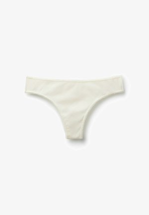 Cream-colored ribbed fabric women's bikini-style underwear with delicate scalloped trim along the edges.