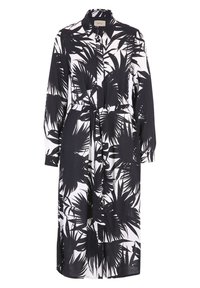 Robe chemise à manches longues noire et blanche avec imprimé de feuilles de palmier, boutons à l'avant, col et ceinture nouée à la taille.