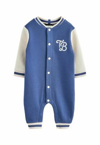 Blauer Baumwoll-Overall mit weißen Ärmeln und Streifen. Verfügt über Vorderknöpfe und ein "TB"-Logo auf der Brust. Glatte Textur und lässiges Design.