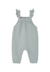 Hellgrauer Baumwolloverall mit rüschenbesetzten Trägern, elastischen Knöchelbändern und seitlichen Taschen. Einfaches und funktionales Design.