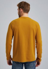 Langarmshirt in senfgelb, strukturierter Stoff mit rundem Ausschnitt. Leicht lockere Passform, Rückansicht, kombiniert mit Jeans.