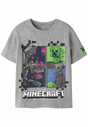 Szara koszulka z nadrukiem Minecraft przedstawiającym pikselowego smoka, creepera i pająka na kolorowych panelach pikselowej sztuki.