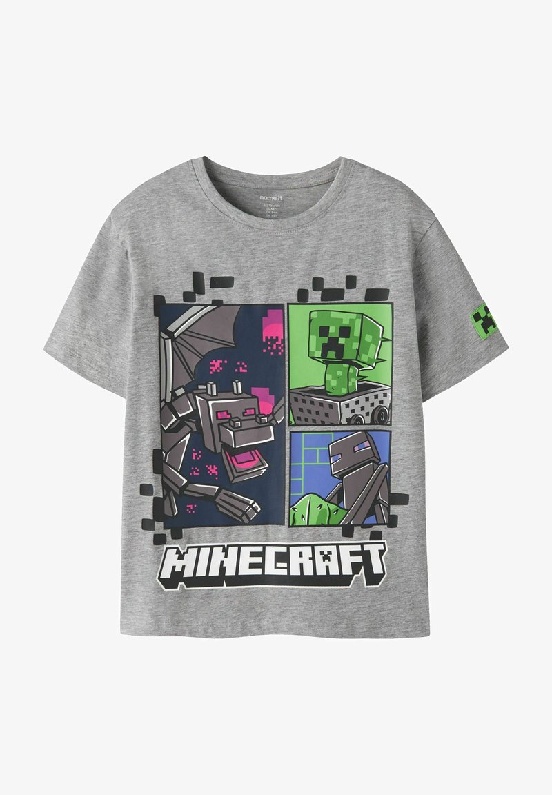 Γκρι T-shirt με σχέδιο Minecraft που περιλαμβάνει έναν ψηφιδωτό δράκο, creeper και αράχνη σε πολύχρωμες ψηφιδωτές πάνελ.