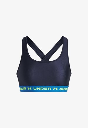 Soutien-gorge de sport marine avec des bretelles croisées, fabriqué en tissu doux. Présente un bandeau logo bleu vif et vert au bas.