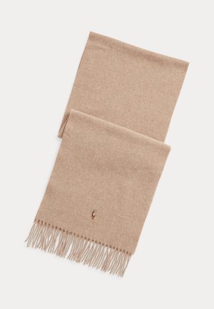 Écharpe en laine beige avec des franges aux extrémités et un petit logo brodé représentant une personne à cheval au centre.