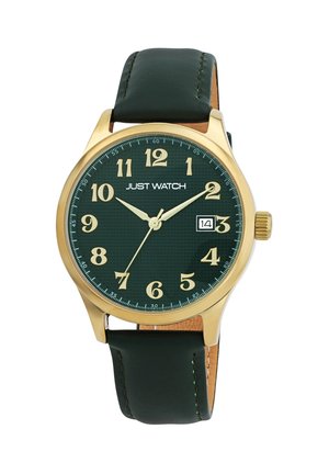 Gold case watch with a textured green dial, large numeral markers, date function at 3 o’clock, and a dark green leather strap.