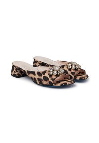 Leopard print open-toe mules featuring a low block heel and embellished with a cluster of clear gems on the front strap.