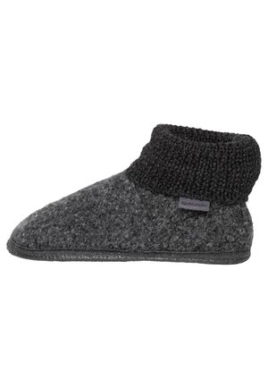 Dark gray wool slipper with textured sole and ribbed ankle cuff, featuring a small fabric label on the side.