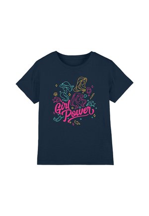 Marineblaue Kinder-T-Shirt mit farbenfrohem Linienstil von drei weiblichen Gesichtern und dem Text "Girl Power", umgeben von Sternen, Blitzen und Kunstwerkzeugen.