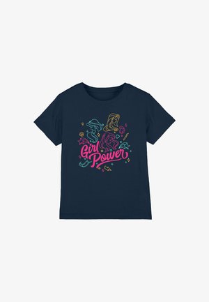 Navy blue kids' t-shirt with colorful line art of three female faces and "Girl Power" text surrounded by stars, lightning, and art tools.