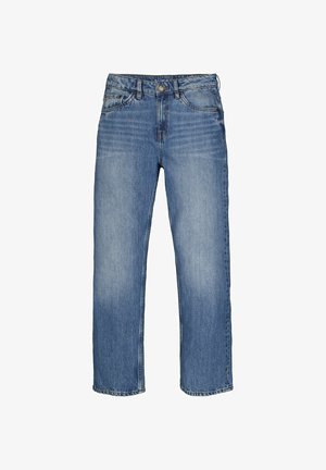 Hellblaue Denim-Jeans mit geradem Bein, fünf Taschen und Knopfverschluss. Sie weisen dezente Ausbleichungen und gestickte Akzente auf.