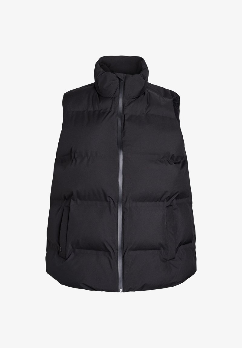 Schwarze Steppweste mit hohem Kragen, Frontreißverschluss und zwei seitlichen Taschen, die ein strukturiertes Erscheinungsbild mit gestepptem Design bieten.