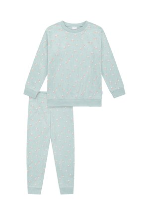 Hellblaues Pyjama-Set aus weichem Stoff mit langen Ärmeln, das ein florales Muster in Rosa und Weiß aufweist. Beinhaltet passende eng anliegende Hosen.