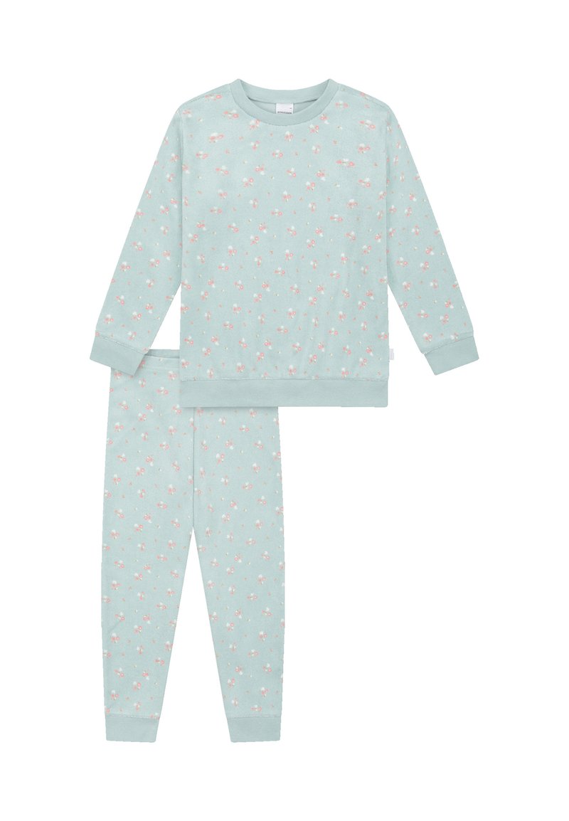 Lichtblauw pyjama set van zacht stof met lange mouwen, voorzien van een bloemenpatroon in roze en wit. Inclusief bijpassende aansluitende broek.