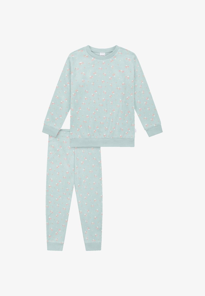 Light blue pajama set in soft fabric with long sleeves, featuring a floral pattern in pink and white. Includes matching fitted pants.