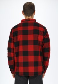 Rood en zwart geruite flanellen shirt, lange mouwen, met knoopsluiting, met een relaxte pasvorm en een gestructureerde stof. Achteraanzicht weergegeven.