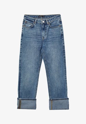 Helleblaue Jeans aus Denim mit geradem Bein, sichtbaren Nähten, fünf Taschen und umgeschlagenen Säumen am Knöchel.