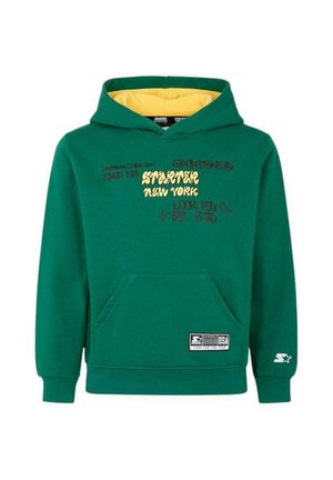 Felpa verde con fodera gialla all'interno del cappuccio, tasca frontale e scritta "Streater New York" con una piccola toppa con il logo sul fondo.