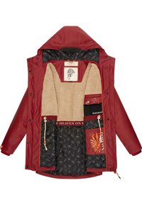 Red waterproof jacket with a faux fur lining, multiple inner pockets featuring patterns, and a hood. Accents include branding and drawstring.