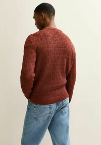 Gestructureerde roestkleurige trui met een patroon. Geribbelde zoom en manchetten. Draagt een lichtblauwe, losse spijkerbroek. Achteraanzicht.