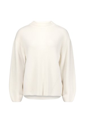 Weißer gerippter Strickpullover mit langen Ärmeln und leicht lockerer Passform, von vorne auf einem einfarbigen Hintergrund gezeigt.