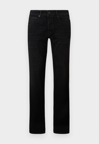Jeans in denim nero con un design a gamba dritta. Presentano una chiusura con zip, uno stile a cinque tasche e un leggero effetto whiskering sul tessuto.