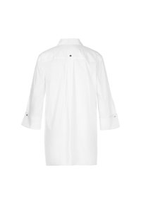 White long-sleeve shirt with roll-up cuffs, featuring a back button detail and a smooth, crisp texture.