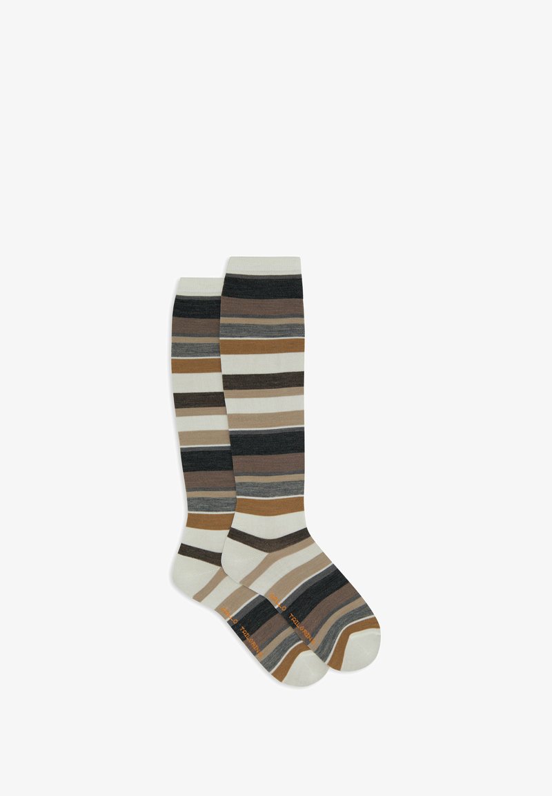 Calzini a righe sopra il ginocchio in beige, marrone e grigio. Presentano strisce orizzontali alternate e punta rinforzata, con marchio in arancione.