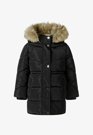 Doudoune noire avec une capuche en fausse fourrure amovible, des boutons-pression argentés, une texture matelassée et des poches avant pour plus de fonctionnalité.