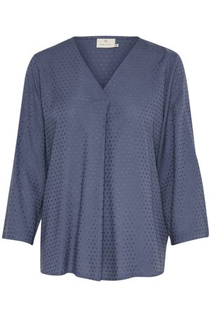 Marinblå långärmad blus med V-hals, subtil prickig mönster och lös passform med en framtill plissering för extra drapering.