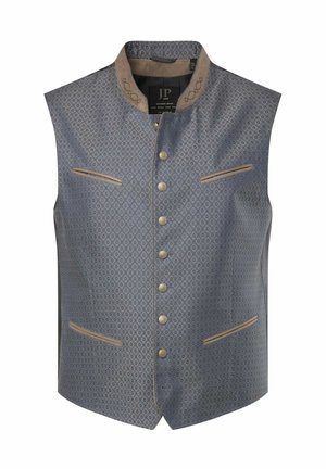 Blue patterned vest with a high collar, brown detailing, six silver buttons, and two front pockets, made from a textured fabric.