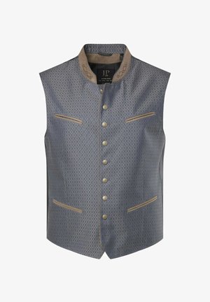 Blau gemusterte Weste mit hohem Kragen, braunen Details, sechs silbernen Knöpfen und zwei Fronttaschen, aus einem strukturierten Stoff gefertigt.