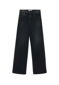 Jean en denim noir à taille haute avec une coupe évasée, dotés de poches avant et d'une finition soignée. Le tissu a une texture lisse avec un léger dégradé.