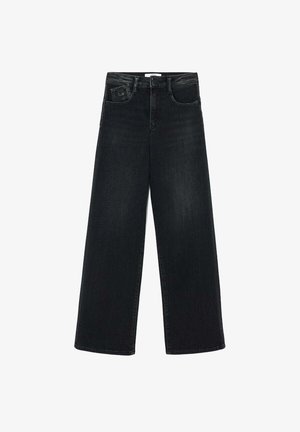 Brede zwarte denim jeans met een hoge taille, voorzien van voorzakken en een schone afwerking. De stof heeft een soepele textuur met een subtiele vervaging.