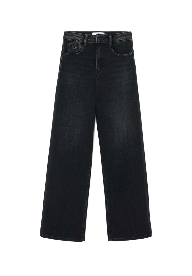 Jean en denim noir à taille haute avec une coupe évasée, dotés de poches avant et d'une finition soignée. Le tissu a une texture lisse avec un léger dégradé.