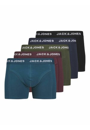 Vijf paar boxershorts in verschillende kleuren: aquamarijn, bordeaux, donkergroen, marineblauw en zwart, met elastische taillebanden met het merk "JACK & JONES".