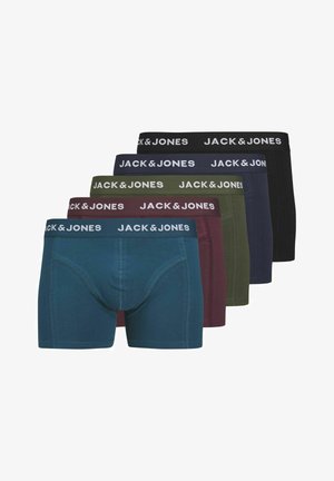 Fünf Paar Boxer Shorts in verschiedenen Farben: Türkis, Burgunderrot, Dunkelgrün, Marineblau und Schwarz, mit elastischen Taillenbündchen, die das Branding "JACK & JONES" tragen.