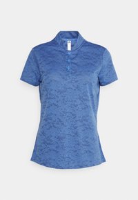 Polo bleu avec un motif texturé subtil, manches courtes et petit col ; doté de trois boutons bleus au niveau du col.