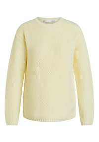 Keltainen neulottu neulepusero, jossa on teksturoitu kuvio, pyöreä pääntie ja pitkät hihat. Resorit hihansuissa ja helmassa lisäävät rakenteellisuutta malliin.