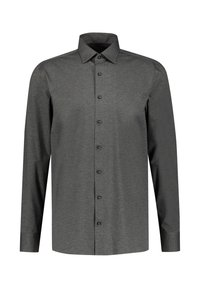 Dunkelgraues Langarmhemd aus glattem Stoff, mit durchgehendem Knopfverschluss, spitzem Kragen und schwarzen Knöpfen zum Schließen.