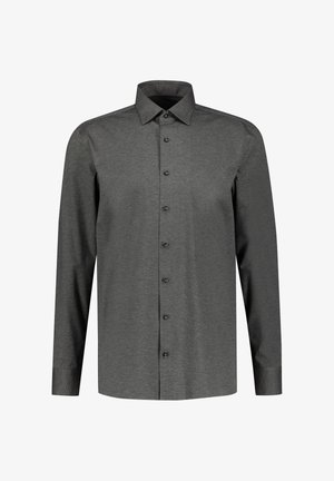 Dunkelgraues Langarmhemd aus glattem Stoff, mit durchgehendem Knopfverschluss, spitzem Kragen und schwarzen Knöpfen zum Schließen.