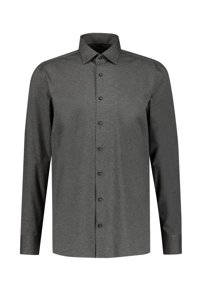 Dunkelgraues Langarmhemd aus glattem Stoff, mit durchgehendem Knopfverschluss, spitzem Kragen und schwarzen Knöpfen zum Schließen.