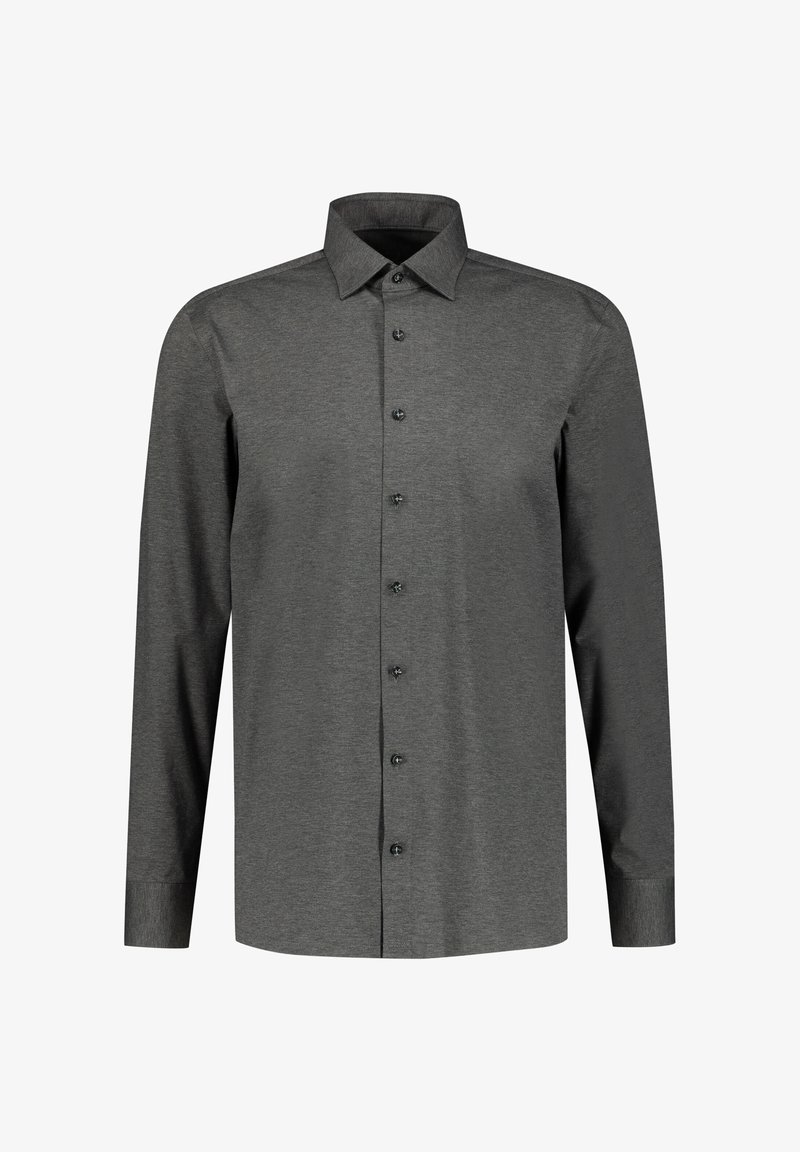 Dunkelgraues Langarmhemd aus glattem Stoff, mit durchgehendem Knopfverschluss, spitzem Kragen und schwarzen Knöpfen zum Schließen.
