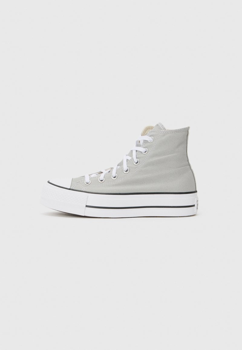 High-top sneakers in light gray canvas, featuring white laces, a white rubber sole, and a black stripe along the base.